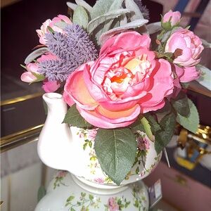 Floral Pink Rose Artificial Arrangement in White Teapot Vase - Home Accents